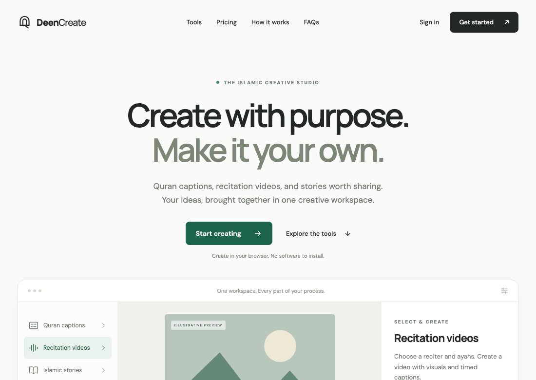 DeenCreate’s Islamic creative studio homepage